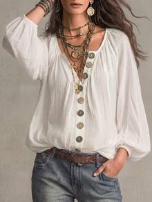 SHEIN New Loose Buttoned Casual Women's Top,Spring Summer Fall Winte Going Out Outfits Work Outfits Fo Teacher Work Tops Streetwear Tropical White Tops - Apricot - View 4
