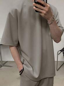 DAZY 男士休闲简约夏季纯色 T 恤和短裤 2 件套，舒适服装 - 灰色 - 查看 3