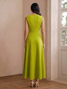 Anewsta Gaun Panjang Wanita Elegan Tanpa Lengan dengan Leher V dan Bordir Bunga 3D - Hijau - View 2