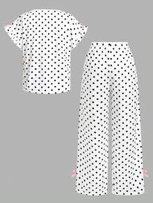 SHEIN Tween女孩蝴蝶結緞帶裝飾休閒時尚短袖T恤 + 蝴蝶結緞帶裝飾休閒時尚直筒長褲 - 白色 - 查看 2