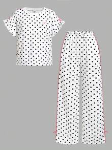 SHEIN Tween女孩蝴蝶結緞帶裝飾休閒時尚短袖T恤 + 蝴蝶結緞帶裝飾休閒時尚直筒長褲 - 白色 - 查看 5