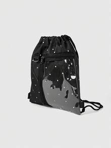 ROMWE Anime Kawaii Printed Lace Edge Transparent Zipper Pocket Large Capacity Multi-Functional White Drawstring Backpack, Cute Animation Style, Suitable For School - Black 1 - View 3
