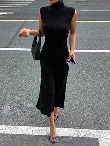 Dazy Tall Women's High Neck Sleeveless Fitted Long Dress Fall - Black - View 3