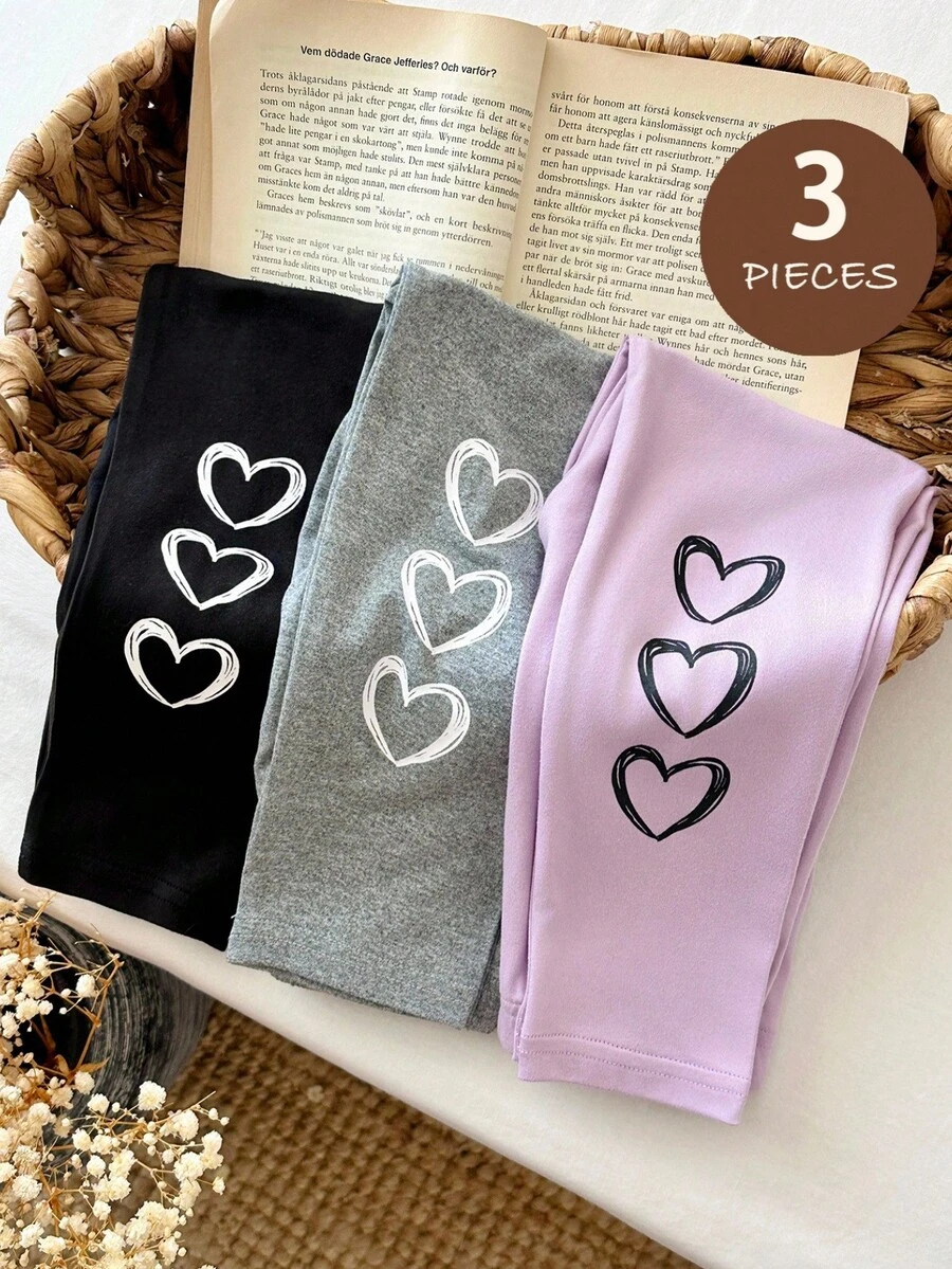SHEIN 3件組少女愛心印花鬆緊腰打底褲 - 彩色 - 查看 1