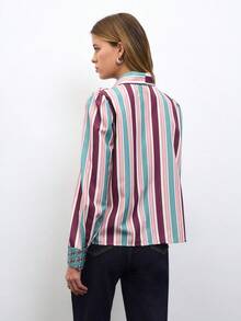 Nöista Striped -Bow Blouse With Contrast Cuffs. Fall, Office Wear, Elegant Style. - Multicolor - View 5