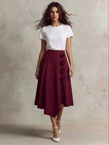 Franclia Fashionable Asymmetric Hem Rose Floral Design High Waist A-Line Skirt For Women, Autumn/Winter Fall Cloth For Women - Burgundy - View 1