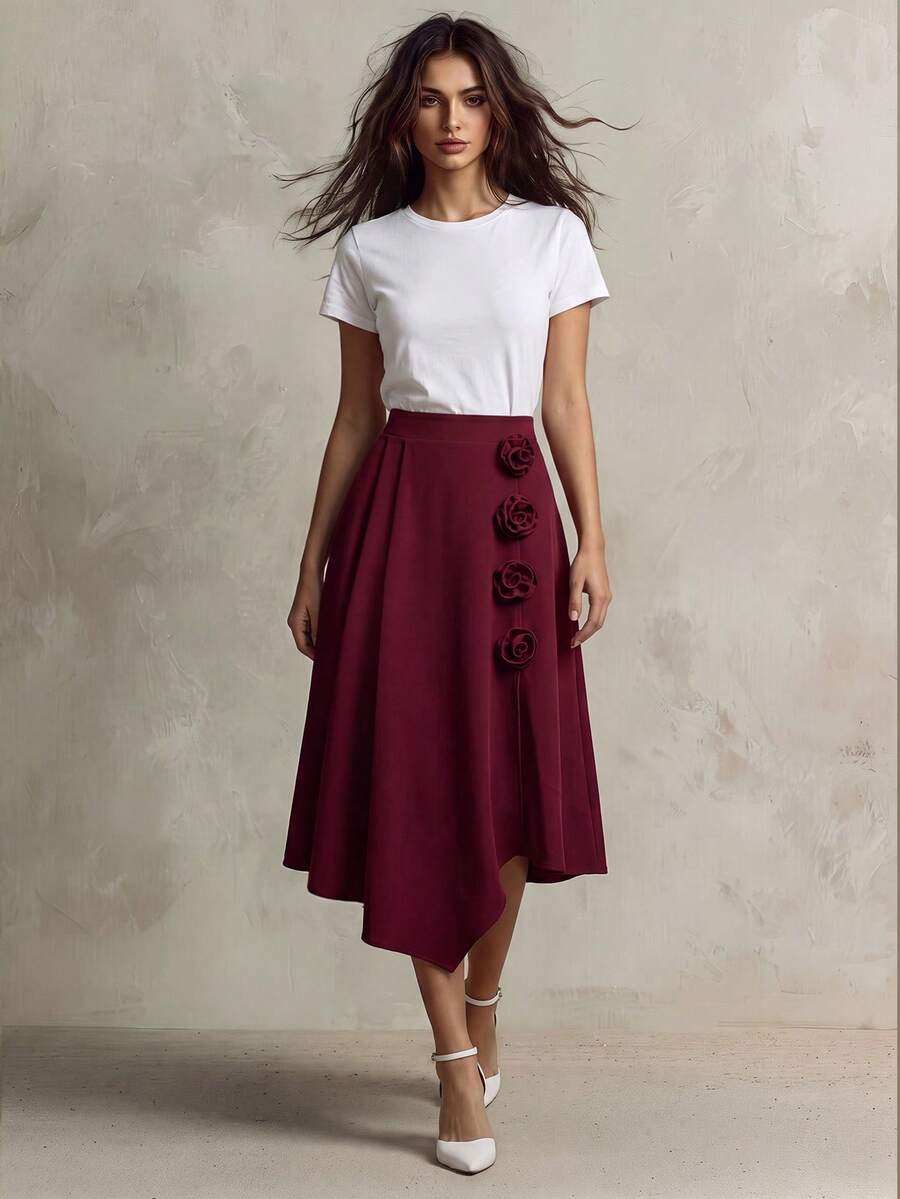 Franclia Fashionable Asymmetric Hem Rose Floral Design High Waist A-Line Skirt For Women, Autumn/Winter Fall Cloth For Women - Burgundy - View 1