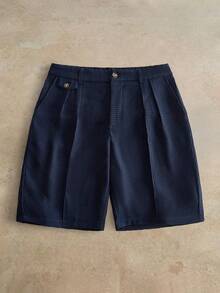 HIMLAND Men's Woven Solid Color Short Mid-Waist Slim Straight Shorts, Bermuda Inseam, Suitable For Daily Wear, Spring And Summer - Navy Blue - View 1