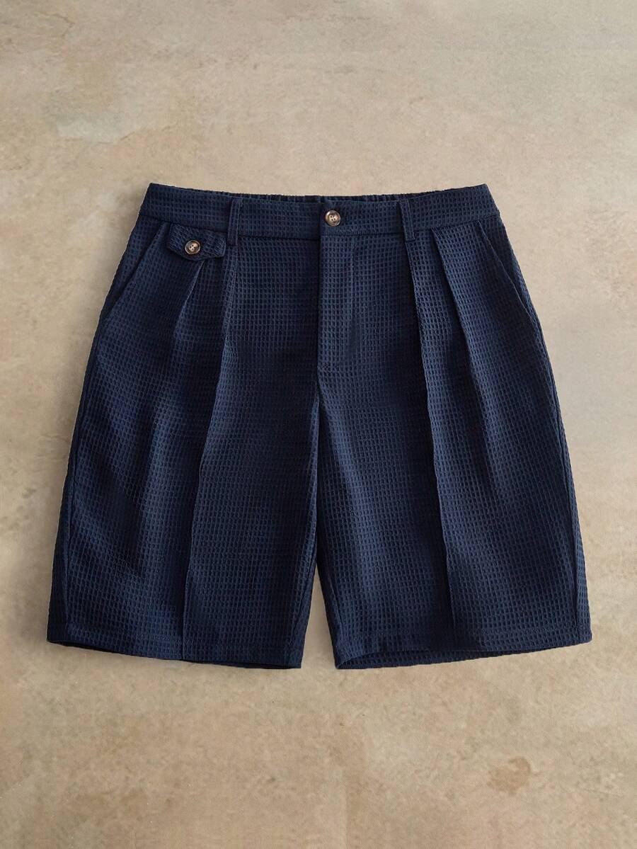 HIMLAND Men's Woven Solid Color Short Mid-Waist Slim Straight Shorts, Bermuda Inseam, Suitable For Daily Wear, Spring And Summer - Navy Blue - View 1
