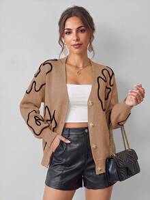Chiquease Women's Contrast Color Pattern Button Decor Long Sleeve Cardigan - Mocha Brown - View 2