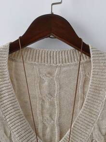 Linhara Plus Size V-Neck Cable Knit Long Sleeve Pullover Sweater And Pants Casual Set - Apricot - View 3