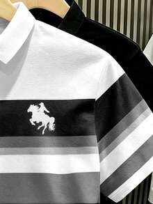 Manfinity Hypemode 美式復古經典風格彩色條紋馬標印花 Polo 衫，學院風休閒夏季上衣，男女款圖案 T 恤，適合日常穿著、休閒與度假短袖襯衫 - 彩色 - 查看 3