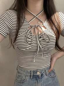 FRIFUL Women's Summer New Solid Color Ruched Drawstring Bowknot Cinched Waist Casual Versatile T-Shirt Cute Tops - Black - View 6