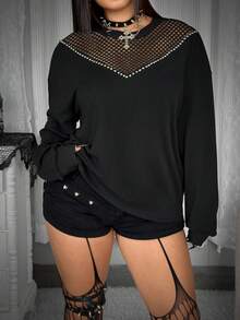 Whyspr Fashionable V-Neck Mesh Patchwork Loose Fit Versatile Long Sleeve Pullover Sweatshirt For Women Halloween - Black - View 3