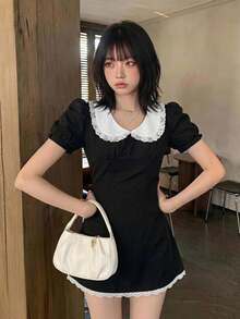 Sweetina 休閒彼得潘領花瓣袖上衣與裙子兩件套 - 黑色 - 查看 1