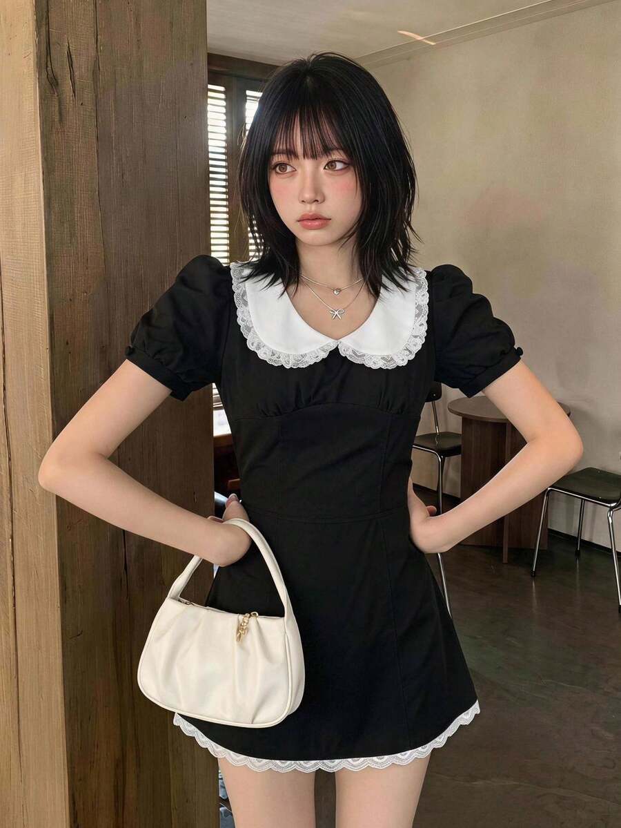 Sweetina 休閒彼得潘領花瓣袖上衣與裙子兩件套 - 黑色 - 查看 1