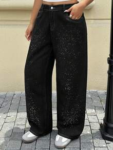 Dazy Plus Shiny Loose Wide Leg Long Pants Black Versatile Blogger Casual Street Style Plus Size Women All Season Denim Jeans Fall - Black - View 7