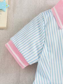 SHEIN 1件少女粉色拼接藍白條紋 Polo 領鈕扣式馬匹刺繡可愛休閒運動韓風優雅時尚甜美洋裝裙，收腰 A 字版型，適合夏季日常外出或室內場合，百搭穿搭 - 藍色 - 查看 8