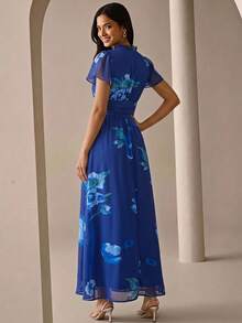 Lilora 女款優雅印花長洋裝，適合通勤、日常穿著與聚會，都市休閒風格，浪漫優雅，適合外出 - 藍色 - 查看 3
