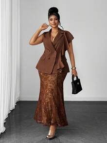 Maweii Plus Size Women's Brown Asymmetrical Ruffle Vest Lace Skirt Set, Double-Breasted Blazer, Sheer Mermaid, Formal Dinner Outfit, Elegant, Summer - Mocha Brown - View 1