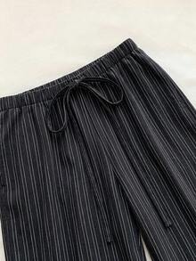 SHEIN EZwear 女款休閒腰部綁帶直筒長褲，適合夏季穿著 - 黑色 - 查看 5