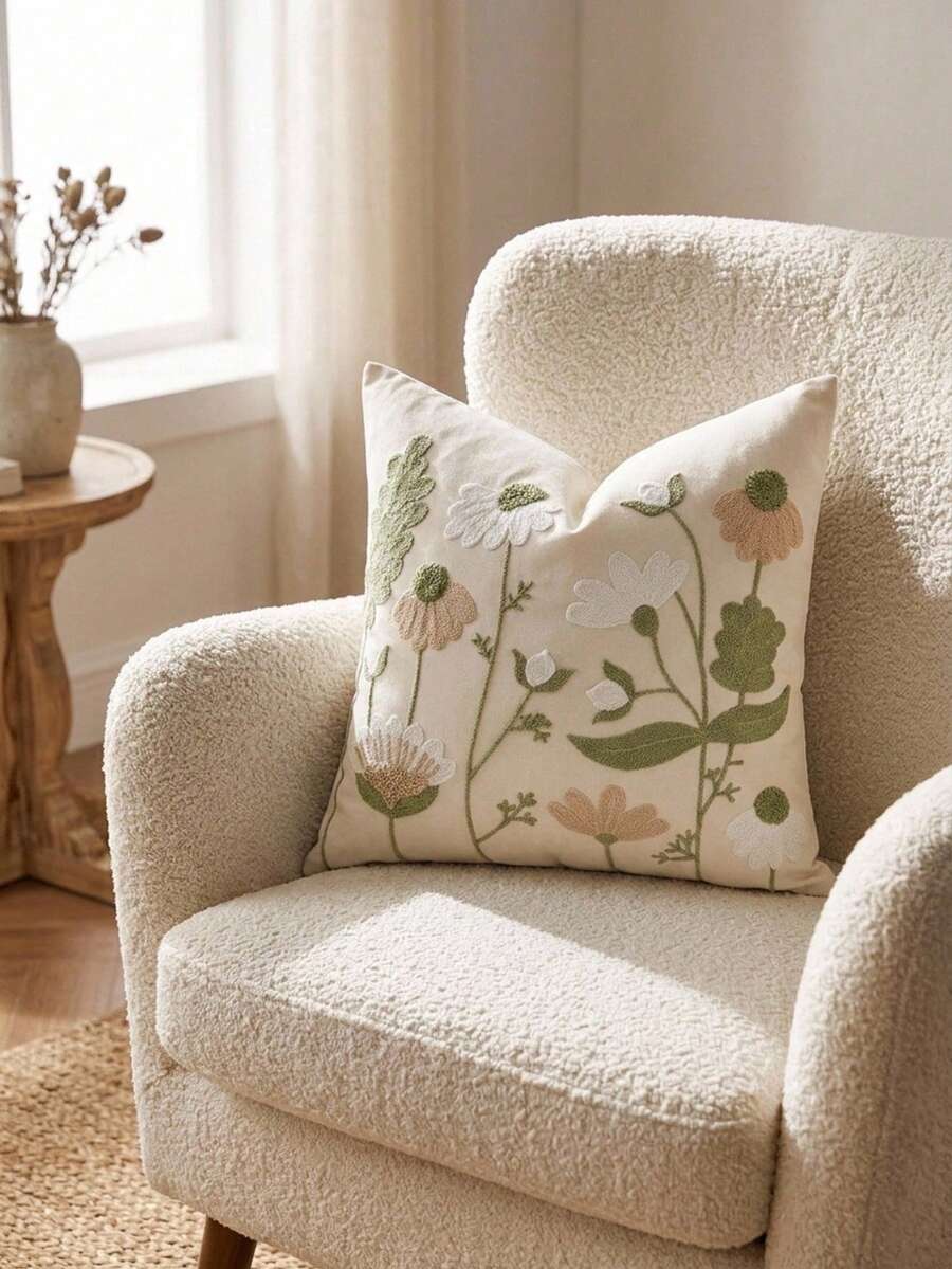 Cirelle 1件/2件 波希米亞風刺繡抱枕套 鼠尾草綠野花植物紋理 粗花呢紋理花卉枕套 適用沙發臥室(不含枕芯) - 橄欖綠 - 查看 1