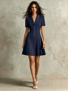 Franclia Vestido de unicolor con solapa y vuelo en el bajo - Azul Marino - Ver 1