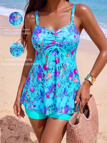 SHEIN Swim 2件組女款素色與印花背心上衣比基尼泳衣，夏季海灘度假穿搭 - 彩色 - 查看 1