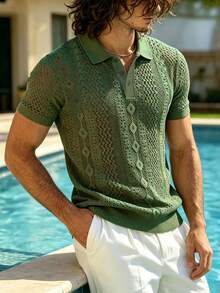 TONEVAULT Men's Hollow Design Short Sleeve Polo Collar T-Shirt - Army Green - View 7
