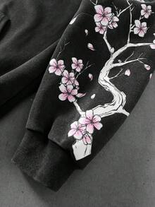 ROMWE MEN Street Life 男士日式花卉印花口袋拉鍊長袖連帽衛衣 - 黑色 - 查看 2