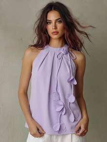 Franclia French-Style Elegant,Lilac Purple Women's Top With Three-Dimensional Floral Ribbon Halter Neck,Sleeveless Flowy Summer Top For Date,Summer Vacation - Mauve Purple - View 1