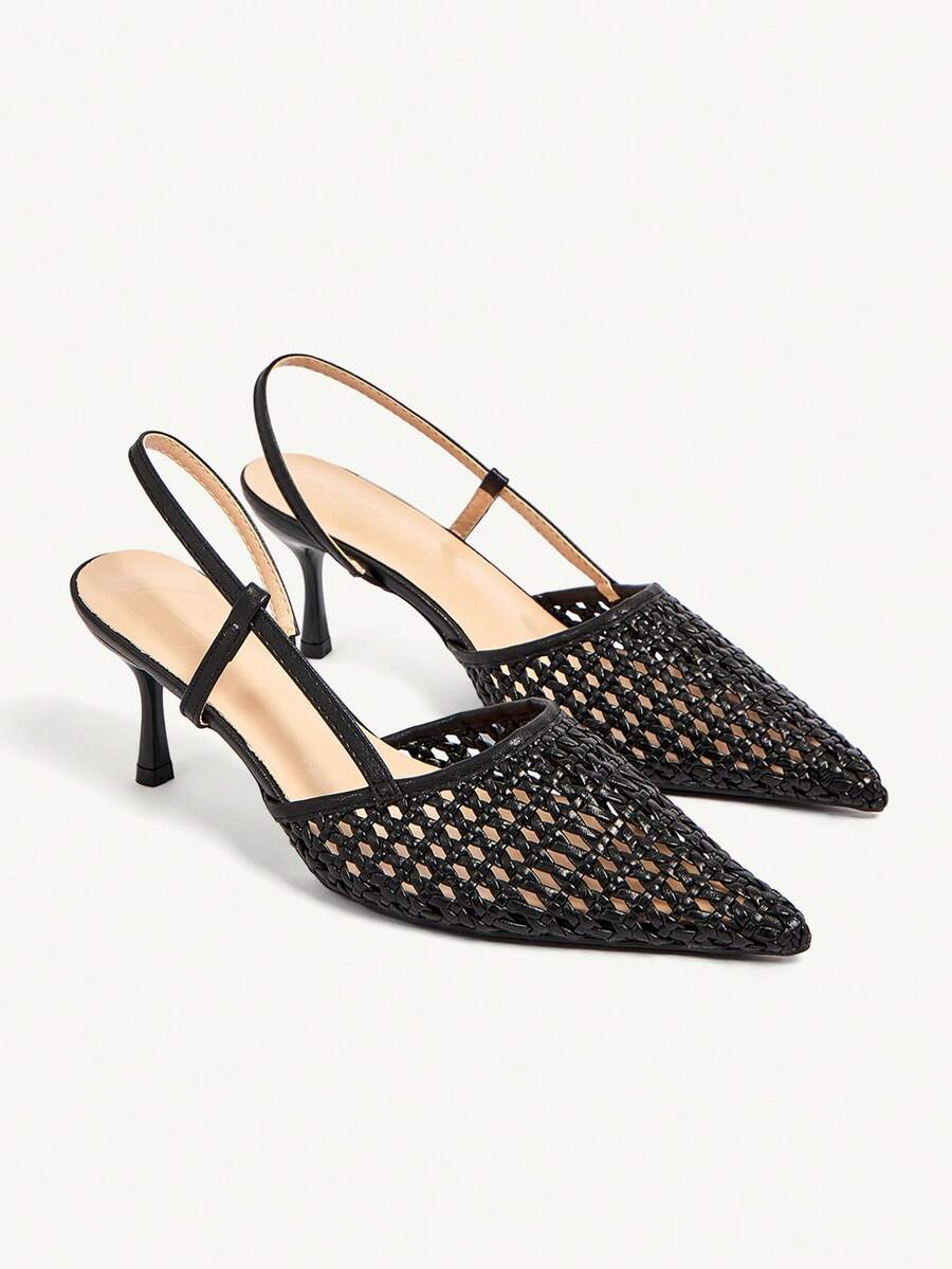 CUCCOO CHICEST Women's Black Woven Hollow Pointed Toe Stiletto Heel Slingback High Heel Pumps, Vintage Commute Office Date - Black - View 1