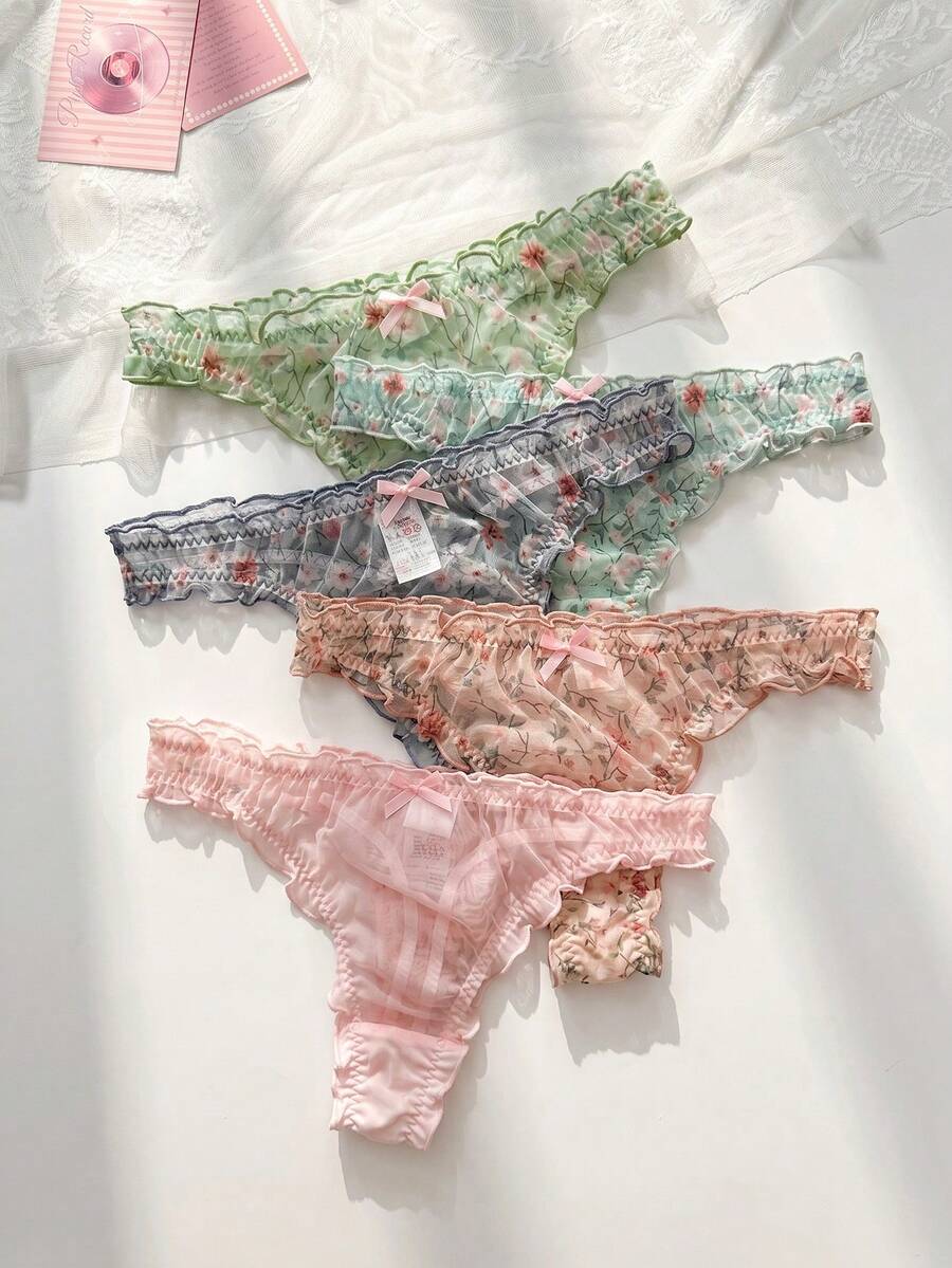 PetitDoll 5件套女士碎花荷叶边蝴蝶结装饰可爱丁字裤 - 彩色 - 查看 1
