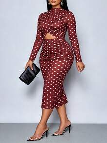 SOLERSUN Plus Size Women Polka Dot Ruched Long Sleeve Dress Daily Commute Shopping Autumn Party Night Burgundy Elegant Sexy - Coffee Brown - View 6