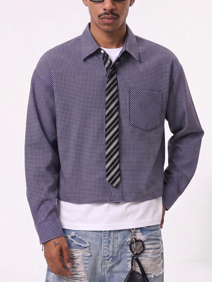 SUMWON Cropped Long Sleeve Collared Shirt With Mini Grid Check Pattern And Chest Pocket Casual Street Style - Navy Blue - View 1