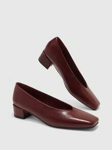 CUCCOO BIZCHIC Women's Spring/Summer New Vintage Burgundy Square Toe Low Vamp Daily Commute Versatile Mid-Heel Pumps - Jujube - View 9