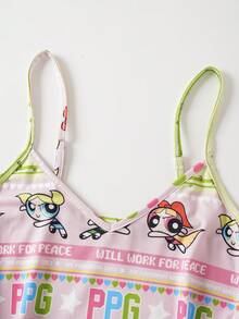 THE POWERPUFF GIRLS X SHEIN 女款卡通印花條紋拼接細肩帶睡裙 - 彩色 - 查看 4
