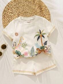 Baby Boy Casual Minimalist T-Shirt Set With Cartoon Pattern, Suitable For Summer,Fall Clothes - Multicolor - View 1