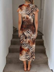 SHEIN LUNE Leopard Print Elegant Daily Wear Waist Knot High Slit Sleeveless Midi Bodycon Dress For Women - Multicolor - View 2