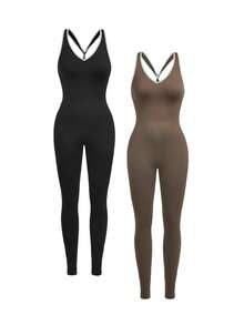 Velisys Velisys 2pcs/Set Regular One-Piece Leggings/Contrast Color Design/Basic Style/Sports One-Piece Leggings/Fitness/Yoga Seamless - Multicolor - View 1