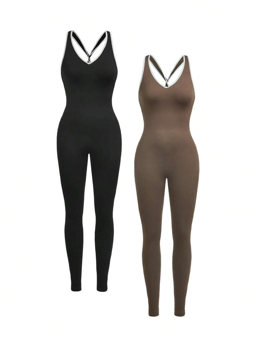 Velisys Velisys 2pcs/Set Regular One-Piece Leggings/Contrast Color Design/Basic Style/Sports One-Piece Leggings/Fitness/Yoga Seamless - Multicolor - View 1