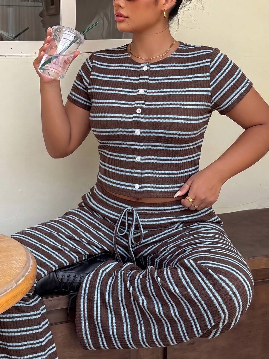 Muchica Light Blue Front Button Top Pants Casual 1960s 90s 1920s Y2k 80s Plus Size Women's Set Office Brunch Lounge Business Dinner Summer - Multicolor - View 1