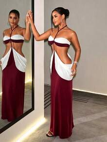 BamGleam Women's Colorblock Distressed Design Cake Hem Sexy Halter Neck Dress - Burgundy - View 6
