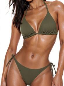 Swim Basics Conjunto de bikini de una pieza para verano, con top de triángulo de tirantes y Bottom con lazos a los lados, 2 piezas - Verde militar - Ver 5