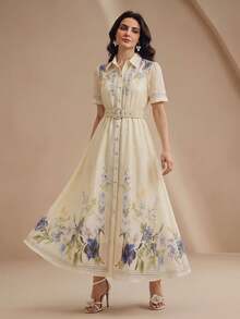 Anewsta Spring/Summer Pale Yellow Premium Position Print Shirt-Style Short Sleeve Long Dress For Women - Light Yellow - View 2