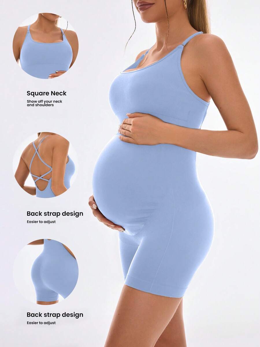 SHEIN Maternity Solid Color Casual Daily Wear Spaghetti Strap Romper - Baby Blue - View 1