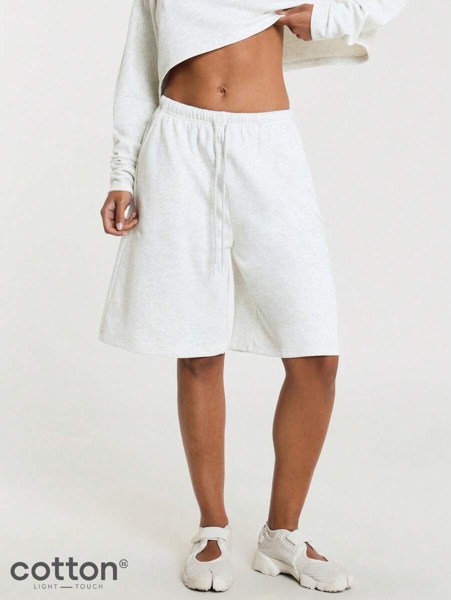 11SKNDS Oversized lange Fleece-Bermuda-Shorts mit elastischem Kordelzugbund, entspanntem weitem Bein, Sweatshorts, lässige Alltagskleidung, Loungewear für Frühling und Sommer - Hellgrau - Übersicht 1