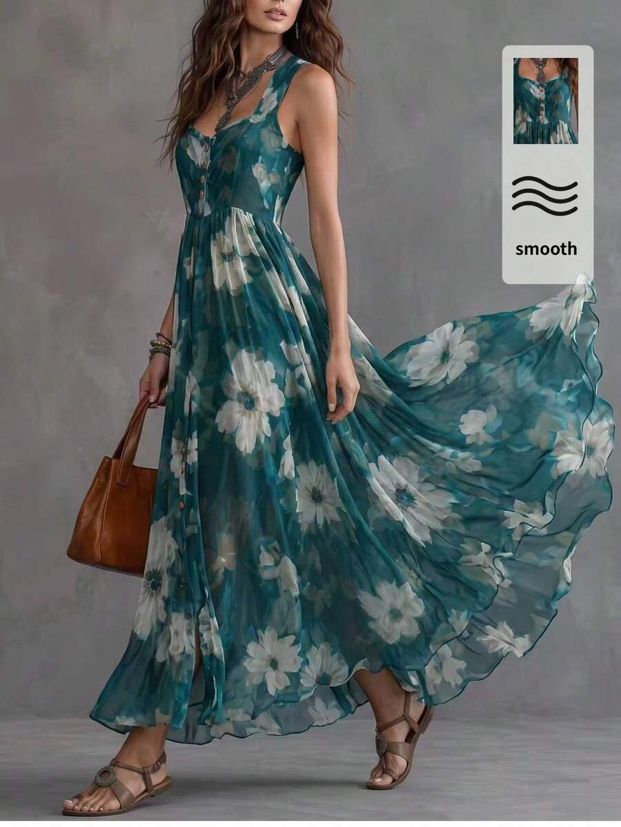Solivie Women's Floral Print Pleated Casual Party Dress Summer Dress Beach Outfit For Women Vacation Outfits Women Elegant Dress - Green - View 1