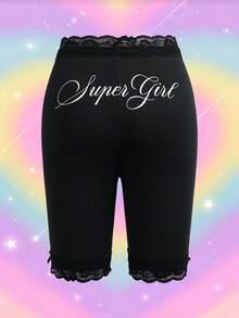 THE POWERPUFF GIRLS X SHEIN Women's Cartoon Print Waist Splicing Lace Trim Shorts - Black - View 2