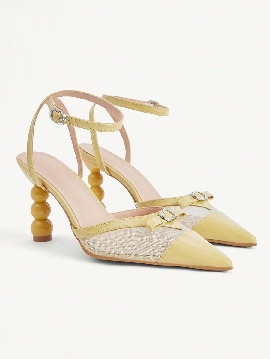 CUCCOO CHICEST Women's Shoes Rhinestone Bow Mesh Pointed Alien Heel French Fresh Light Yellow Patent Leather Women's Back Empty High Heels Commuter Dating - Yellow - View 1